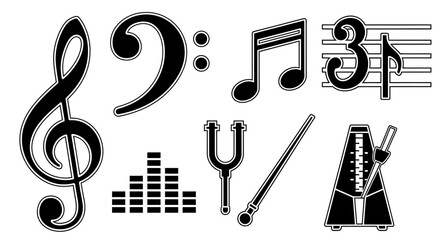 Collection of musical symbols and audio tools in black and white © SAQUEEN