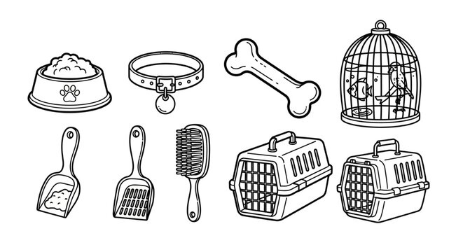 Pet Care Doodle Icons Set - Animal Supplies Line Art