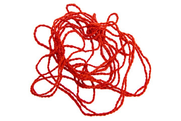 Red thread isolate on white background. Selective focus. Old.