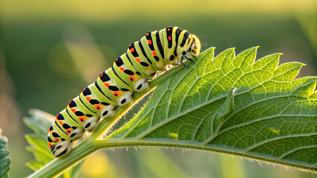 Colorful striped caterpillar with black red yellow pattern eating green leaf closeup