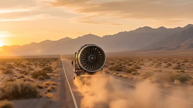 Heavy duty truck transports a massive jet engine on a flatbed trailer across a vast desert highway during a breathtaking golden hour sunset with distant mountains under a warm orange sky