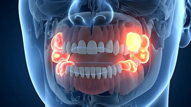 Medical Animation of Oral Cancer Tumors Affecting Gums and Teeth with Glowing Red Lesions on a Dark Blue Gradient Background Showing Human Skull Anatomy and Jaw Structure in a Close-Up View
