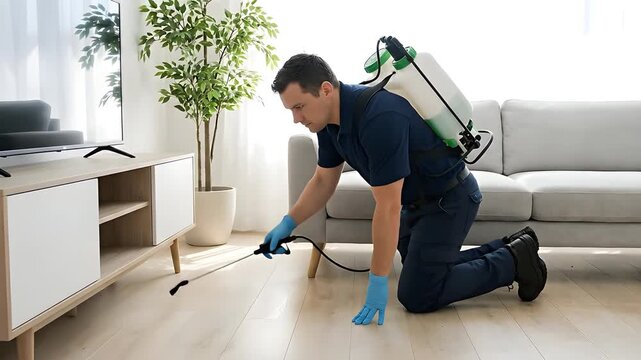 Professional Exterminator in Dark Blue Uniform Sprays Floor for Pest Control Inside a Brightly Lit Living Room with a Gray Sofa and a Tall Green Plant Next to a TV Stand