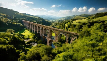 Pontcysyllte Aqueduct - A Majestic Stone Structure Amidst Lush Greenery.
