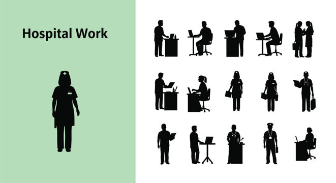 Diverse silhouettes of medical professionals and office staff performing various tasks related to hospital work including nursing and administrative duties