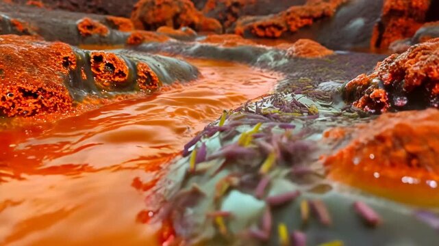 Acid riverbed landscape with rust colored rocks and unusual geology scenery
