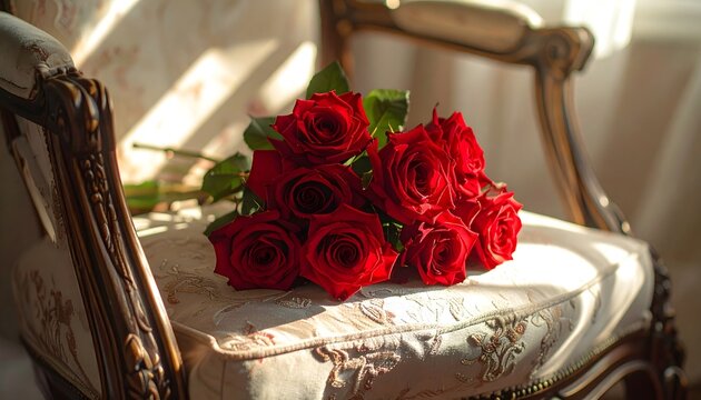 Ramo de rosas rojas sobre silla cl&aacute;sica con luz c&aacute;lida, escena rom&aacute;ntica de estilo vintage