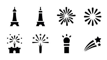 Paris celebration icons: eiffel tower and fireworks minimalist design