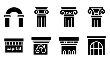 Naklejka premium Icon set of classical architectural pillars and capitals in black silhouette style