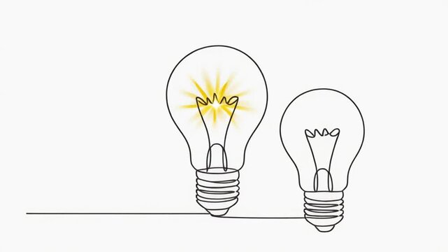 A minimalistic drawing of two lightbulbs, one glowing and another dark, linked by a thin line