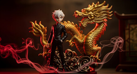 Obraz premium 3D rendered anime boy figurine in black suit standing next to majestic golden dragon, Chinese New Year zodiac symbol for prosperity and good fortune decoration