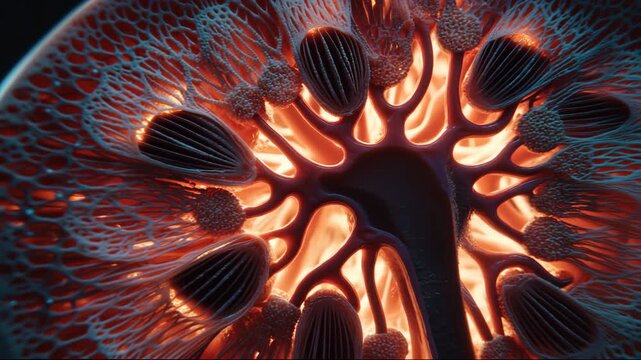 Ultra HD Detailed 3d rendering of a human kidney crosssection, showcasing intricate internal structures, renal pyramids, and blood vessels with vibrant illumination video