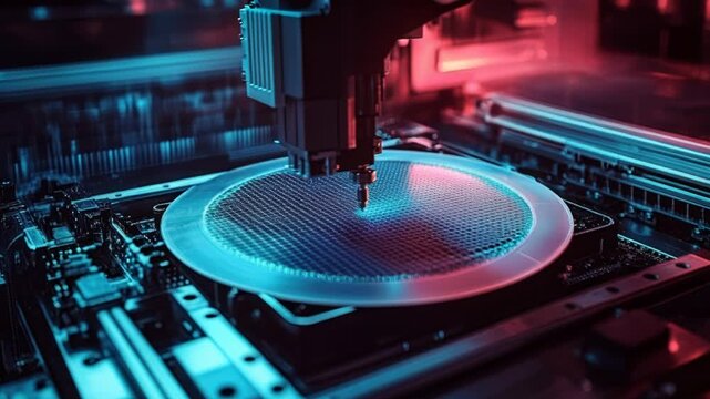 Advanced fabrication tool etching intricate on wafer, nanofabrication equipment, microchip manufacturing, cleanroom lab, process.