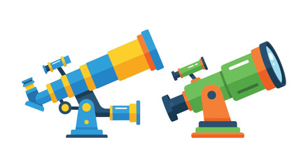 Colorful illustration of two refracting telescopes on stands © Sumon