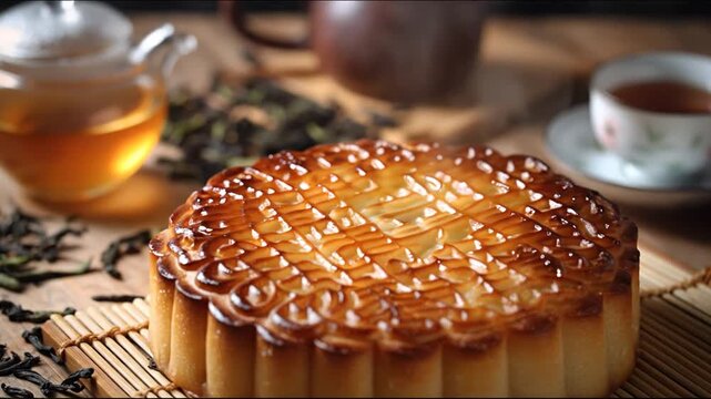 A close-up shot of a golden mooncake with intricate patterns, tea, and a cup on a wooden mat