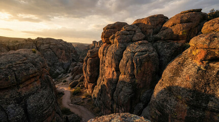 Rocky landscape with large boulders and a winding path at sunrise or sunset from an elevated viewpoint