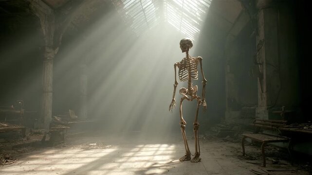 Ultra HD Human skeleton standing in a dusty, abandoned industrial building with dramatic light rays streaming through a skylight video