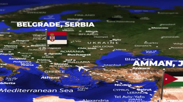 Flight From Amman JORDAN to Belgrade SERBIA with flag pins