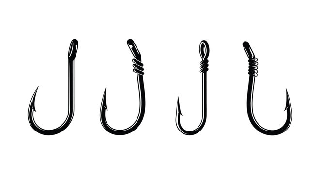 Four black fishing hooks displayed on a plain white background