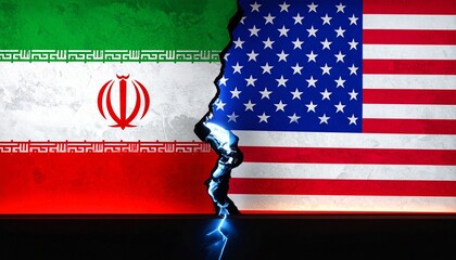 Iran&ndash;US flags split by glowing crack, symbolizing division.