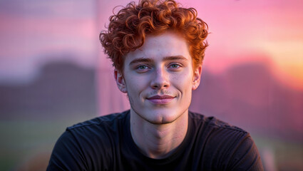 Young man with curly red hair wearing a black long sleeved shirt smiling against a soft pink and orange background generative AI