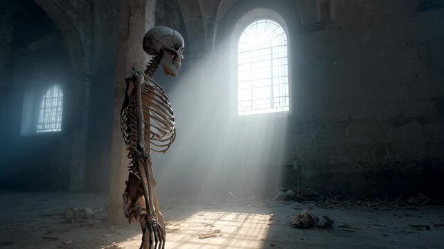 Ultra HD Human skeleton standing in a dusty, ancient crypt with sun rays streaming through an arched window, creating a dramatic and eerie atmosphere video