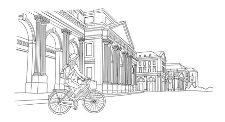 Fototapeta premium Elegant linear cityscape with cyclist and classical architecture in urban setting