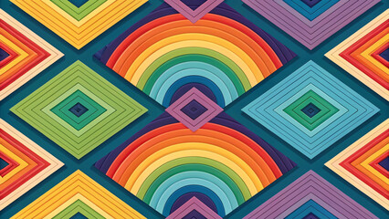 Obraz premium Colorful geometric pattern with rainbow diamonds and concentric semicircles art design