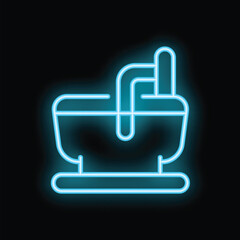Obraz premium Turquoise neon icon of a bathtub with water running from the tap and a towel hanging on the side