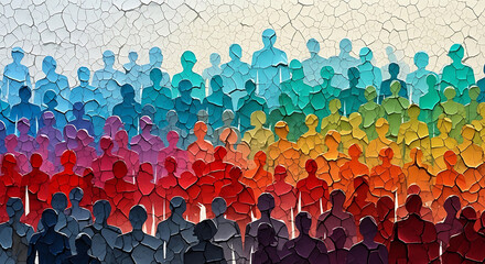 Obraz premium stylized diverse human figures form a vibrant cracked mosaic showcasing a rainbow gradient symbolizing social inclusion unity and community.