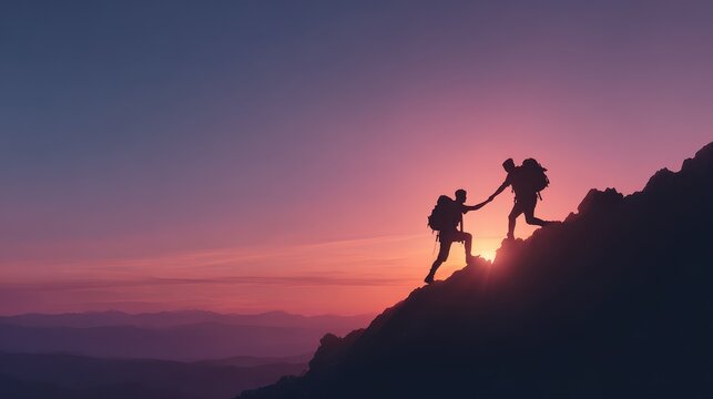 Silhouette of hikers helping each other up a mountain ridge at sunset, concept of teamwork and achievement