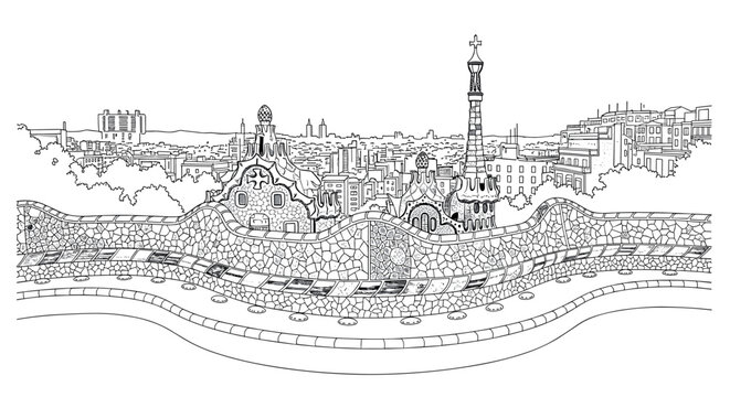Hand drawn cityscape of park g&uuml;ell in barcelona with iconic architecture