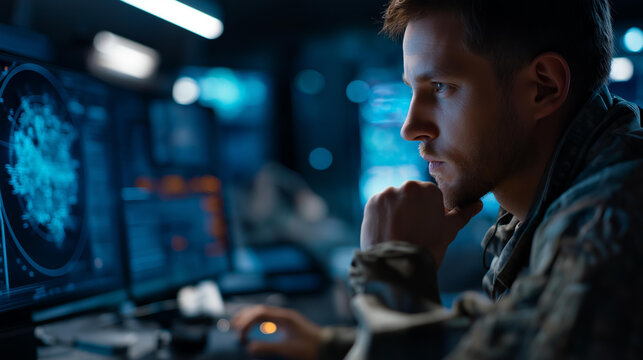 Military personnel operating radar and aviation tracking systems in dark defense control center, security technology monitoring, aerospace surveillance operations, tactical command workspace,