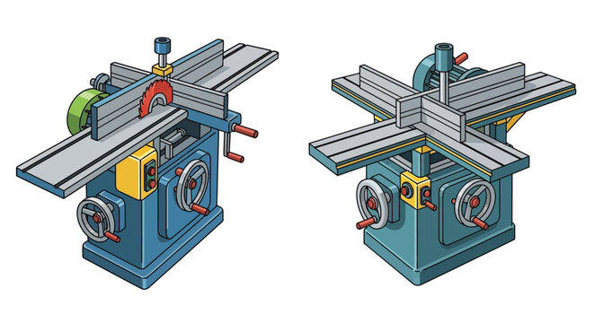Isometric illustration of two woodworking machines a jointer and a miter saw