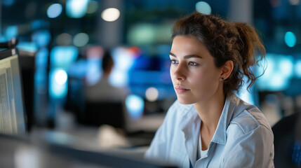 Female security operator working at data system monitoring station in control room, surveillance facility management, protection coordination workspace, professional operations environment,