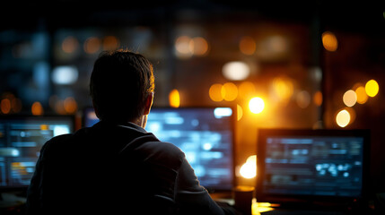 Fototapeta premium Silhouette of person in front of multiple glowing computer screens displaying complex data, anonymous monitoring operations, cybersecurity workspace, digital analytics environment, dramatic