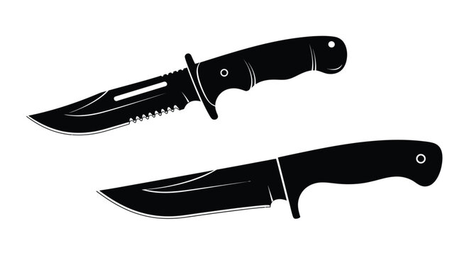 Black and white illustration of two combat knives a large and a smaller one