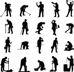 Obraz premium Construction worker silhouettes set, builders performing installation, maintenance, repair, inspection and heavy tool operations, industrial workforce vector illustration collection design