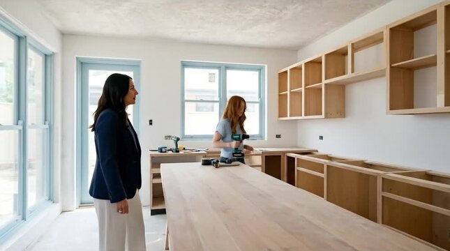 Professional female contractor installing kitchen cabinets while client observes during a modern home renovation project