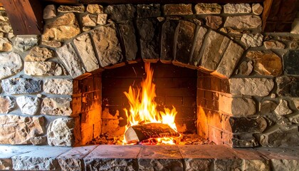 Obraz premium Cozy Stone Fireplace with Roaring Fire and Warm Ambiance.