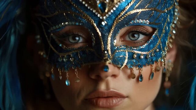 A stunning woman wearing a diamond and blue feathered Venetian mask. enigmatic masquerade carnival picture with text space on a dark backdrop.