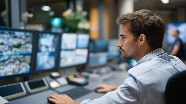 Engineer monitoring multiple screens showing facility programs in control room, manager supervising systems, technician workspace operations, professional monitoring environment, defocused