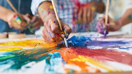 Fototapeta premium Four friends create art together at an art studio. They use brushes and colorful paints on a large canvas. Laughter fills the room as they share this fun moment