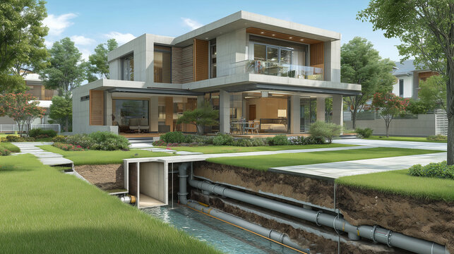 Modern eco friendly house with underground drainage and utility pipeline system cross section