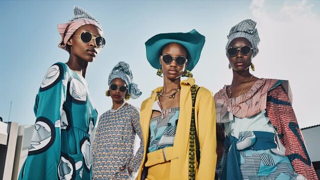 Models in bold Ankara fabrics and headwraps stand poised under bright sky, fashion, cultural wear, street style, runway look.