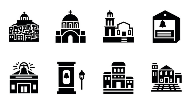 Monochrome religious building symbols featuring churches and chapels in minimalist style