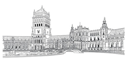 Fototapeta premium Architectural line art of historic european plaza with prominent clock tower