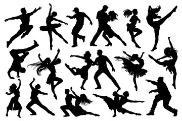 Obraz premium Dynamic dance silhouettes: diverse movements and poses of dancers.