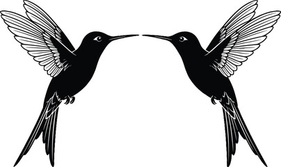 Hummingbird silhouettes, symmetrical design, facing birds, detailed wings, black and white artwork, nature illustration, decorative pattern, wildlife theme, artistic contrast © Kamrul