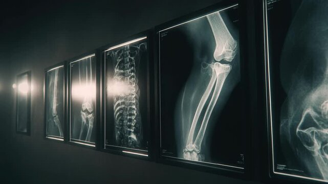 Ultra HD Row of illuminated xray films displaying human skeletal anatomy in a dark medical environment, showcasing diagnostic imaging for healthcare video
